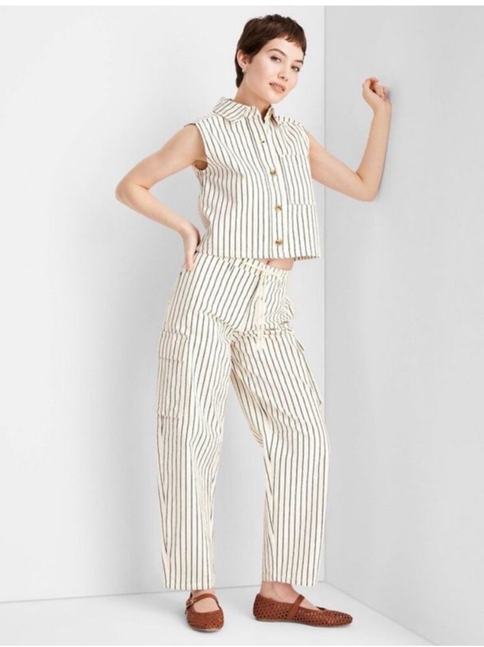 Future Collective Women's Cream Striped Wide Leg Jeans